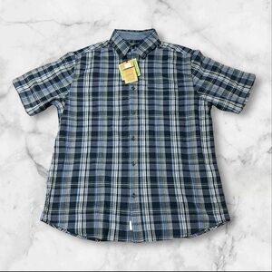 Woolrich Eco Rich Shirt Mens Large Blue Plaid Short Sleeve Button Down New